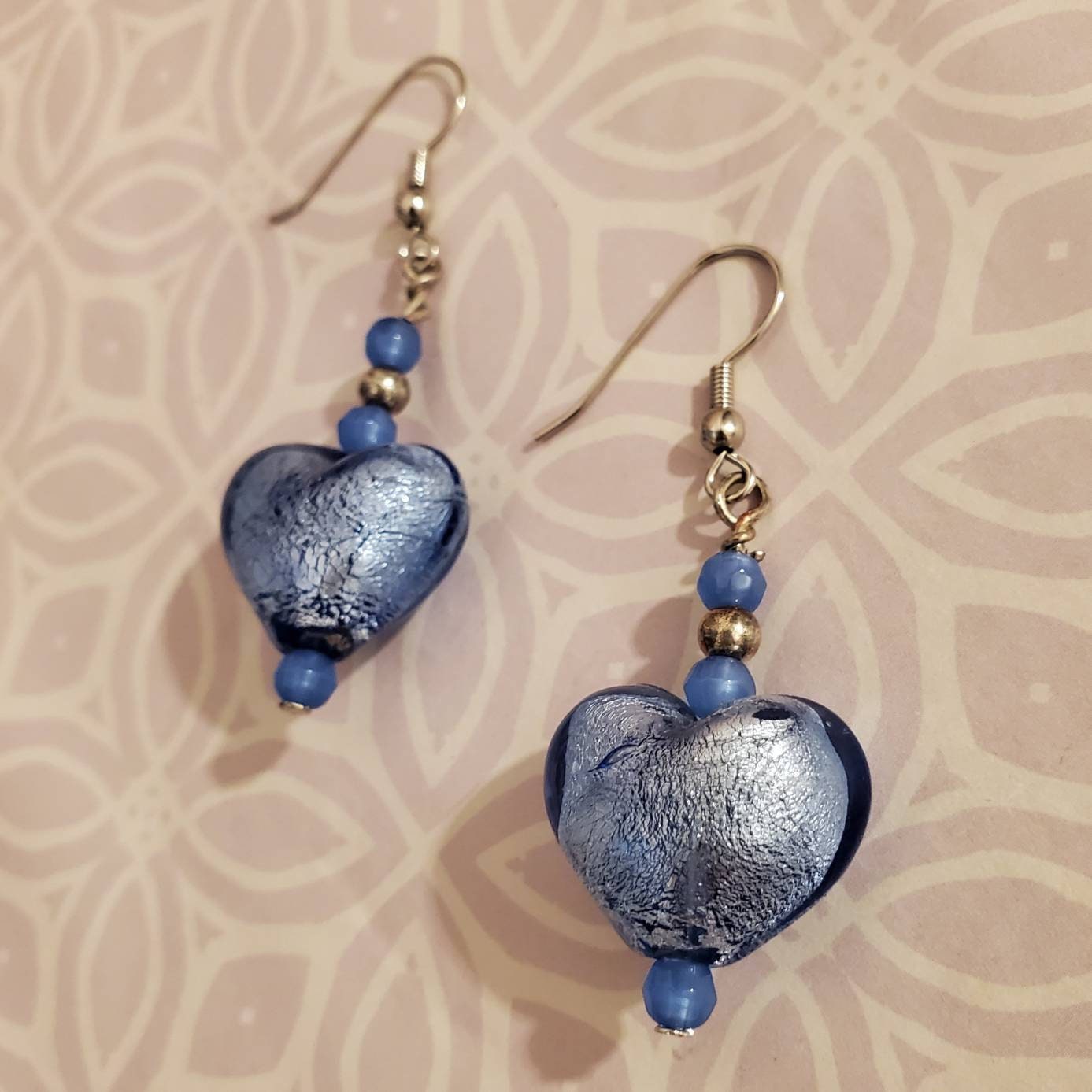 Blue Glass Heart Earrings