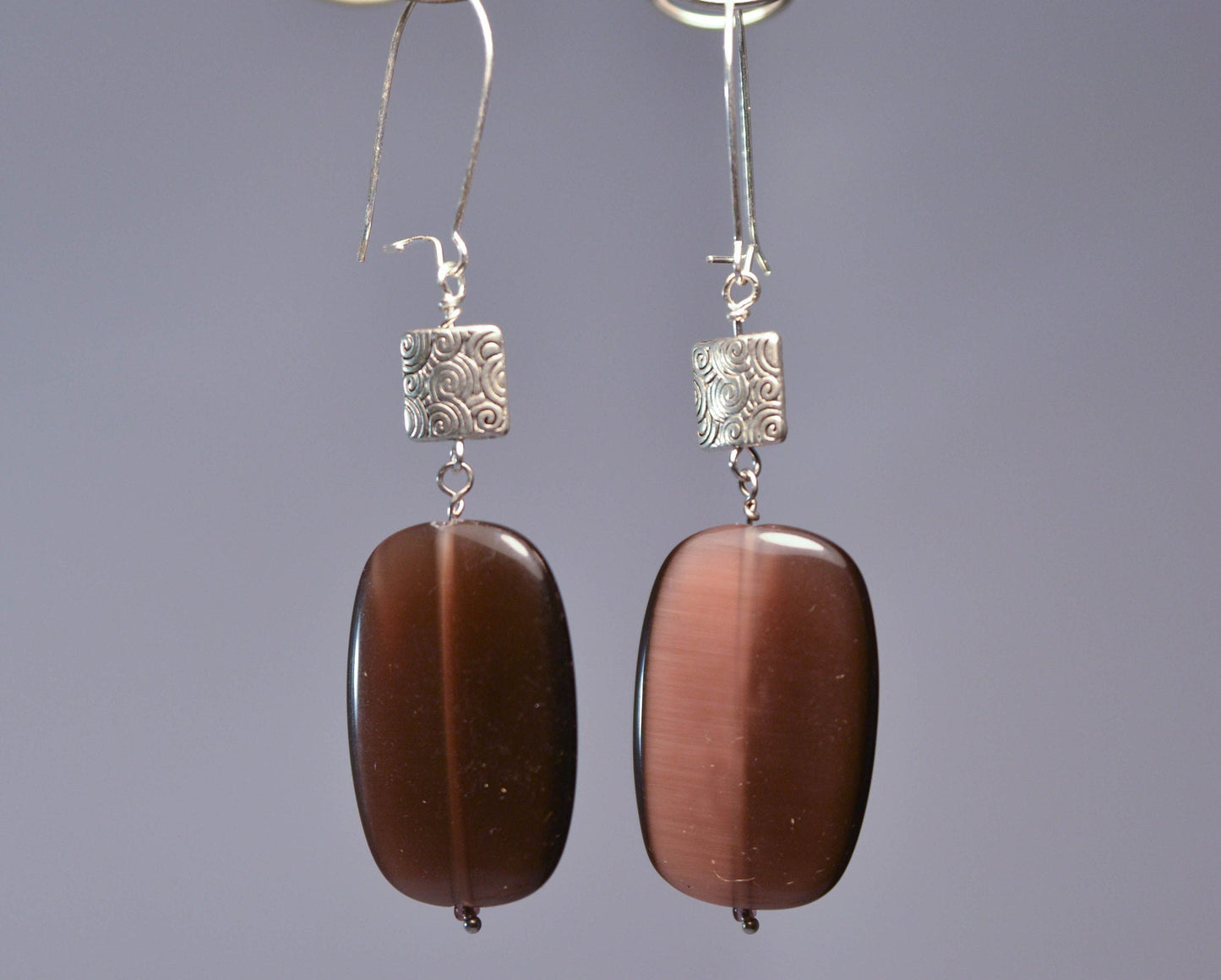 Silver Square and Brown Oval Dangle Earrings