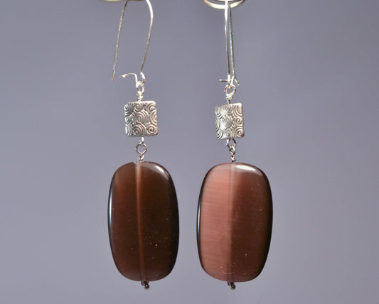 Silver Square and Brown Oval Dangle Earrings