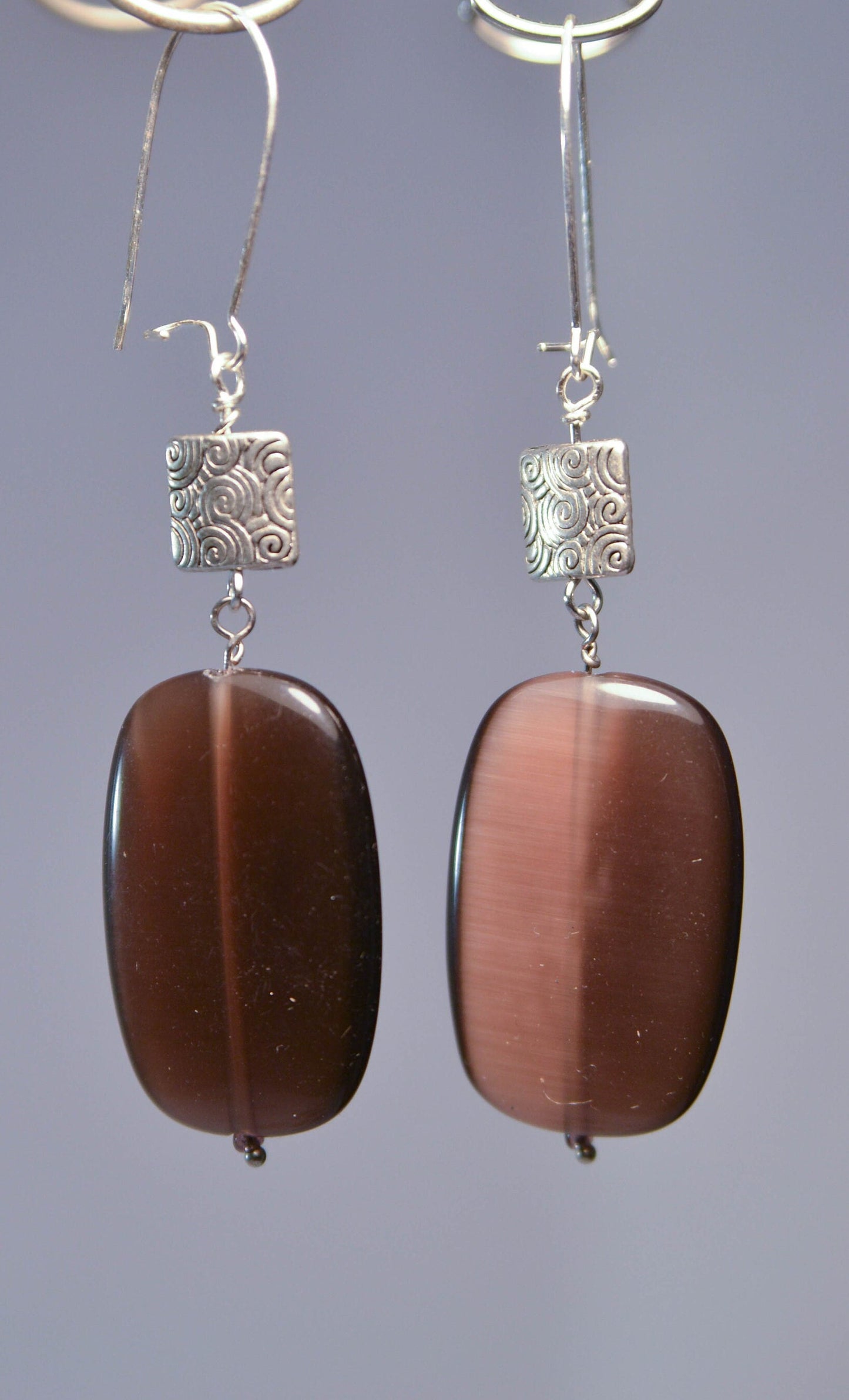 Silver Square and Brown Oval Dangle Earrings