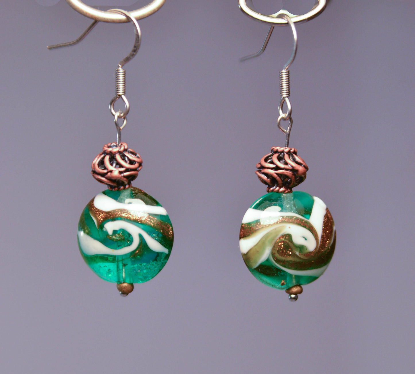 Green and Bronze Swirl Dangle Earrings