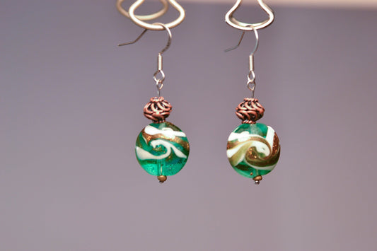 Green and Bronze Swirl Dangle Earrings