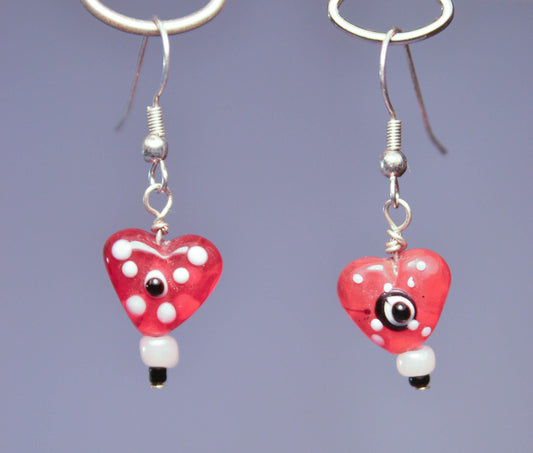 Unique Red Heart Lampwork Glass Beaded Earrings