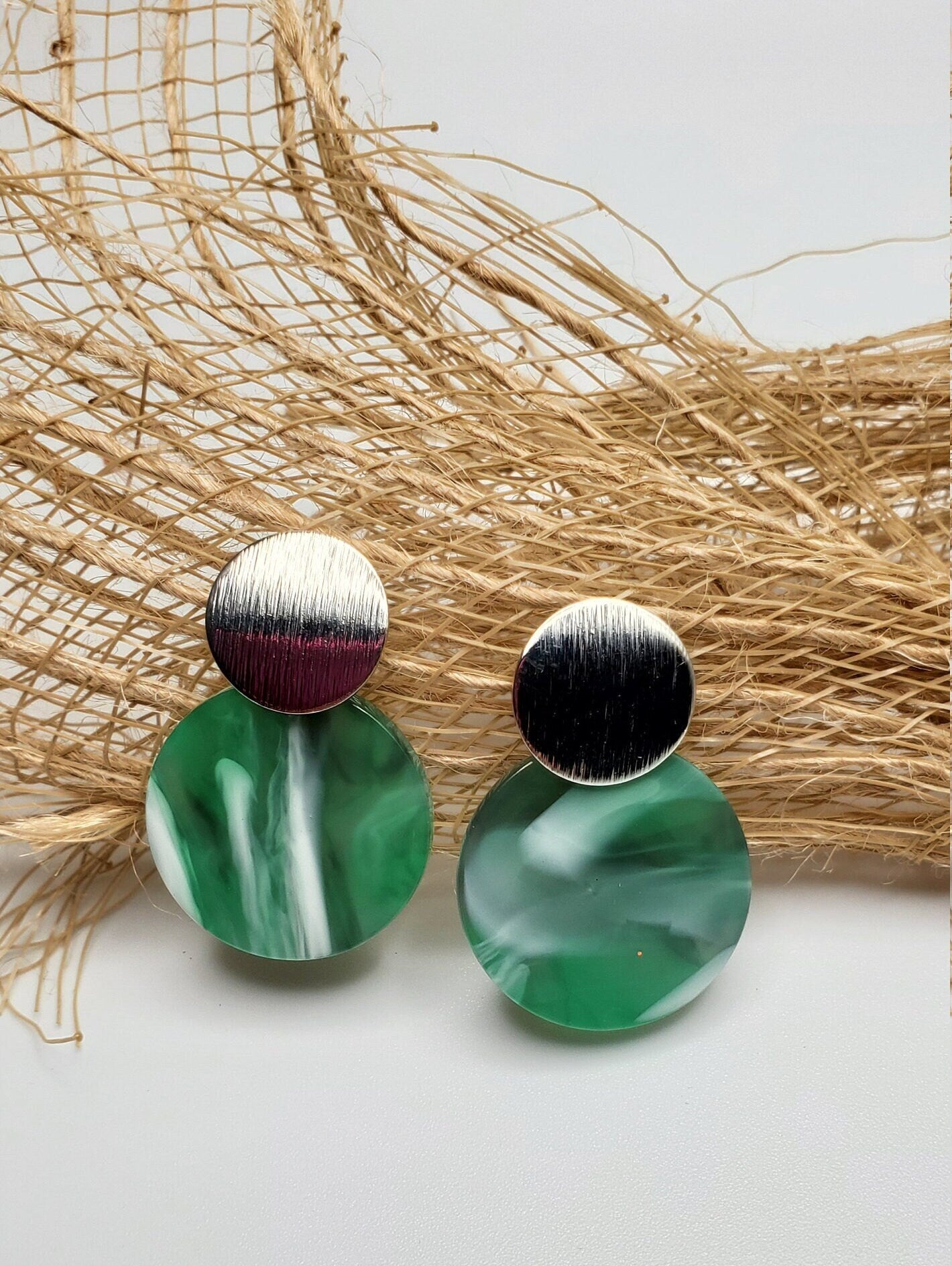 Emerald Marbled and Silver | Drop Post | Earrings