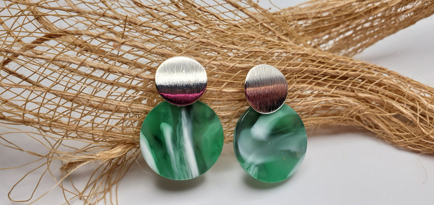 Emerald Marbled and Silver | Drop Post | Earrings