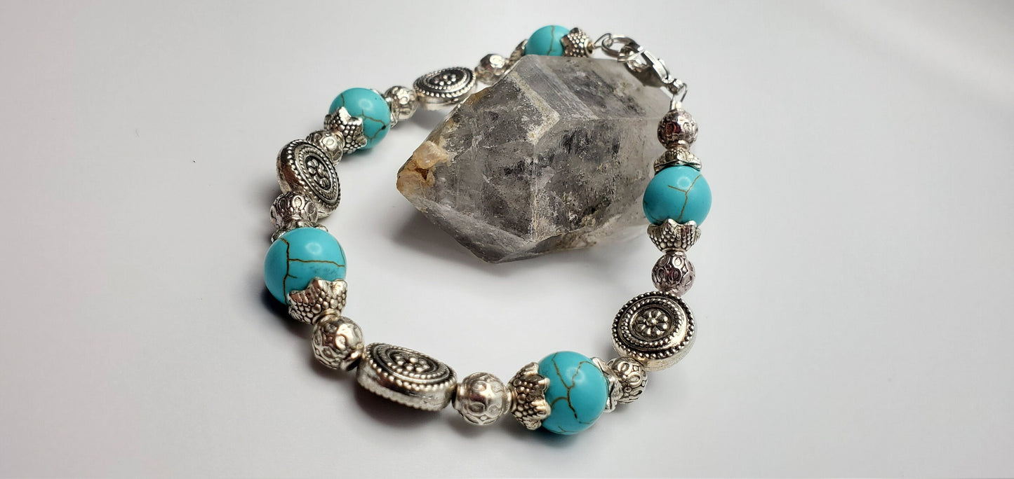 Silver and Turquoise Beaded Bracelet | Coin and Round Beads