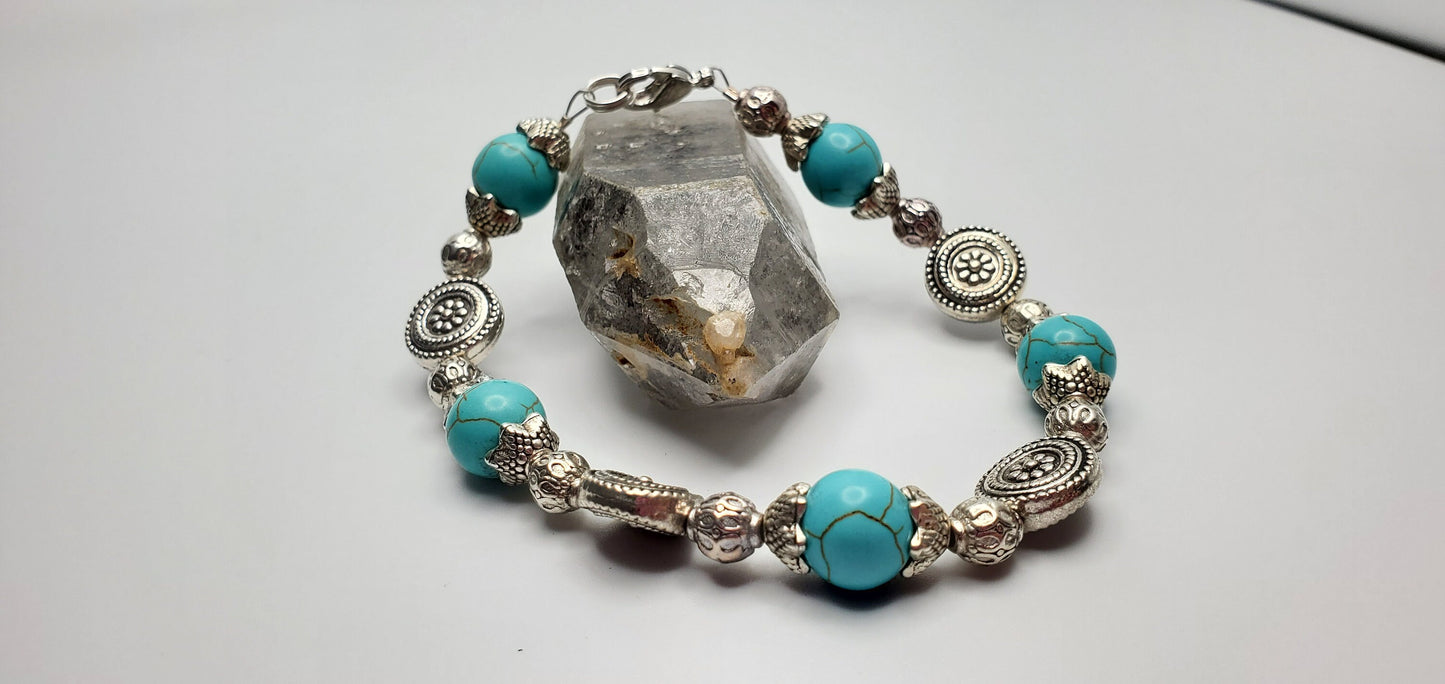 Silver and Turquoise Beaded Bracelet | Coin and Round Beads