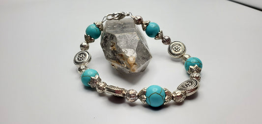 Silver and Turquoise Beaded Bracelet | Coin and Round Beads