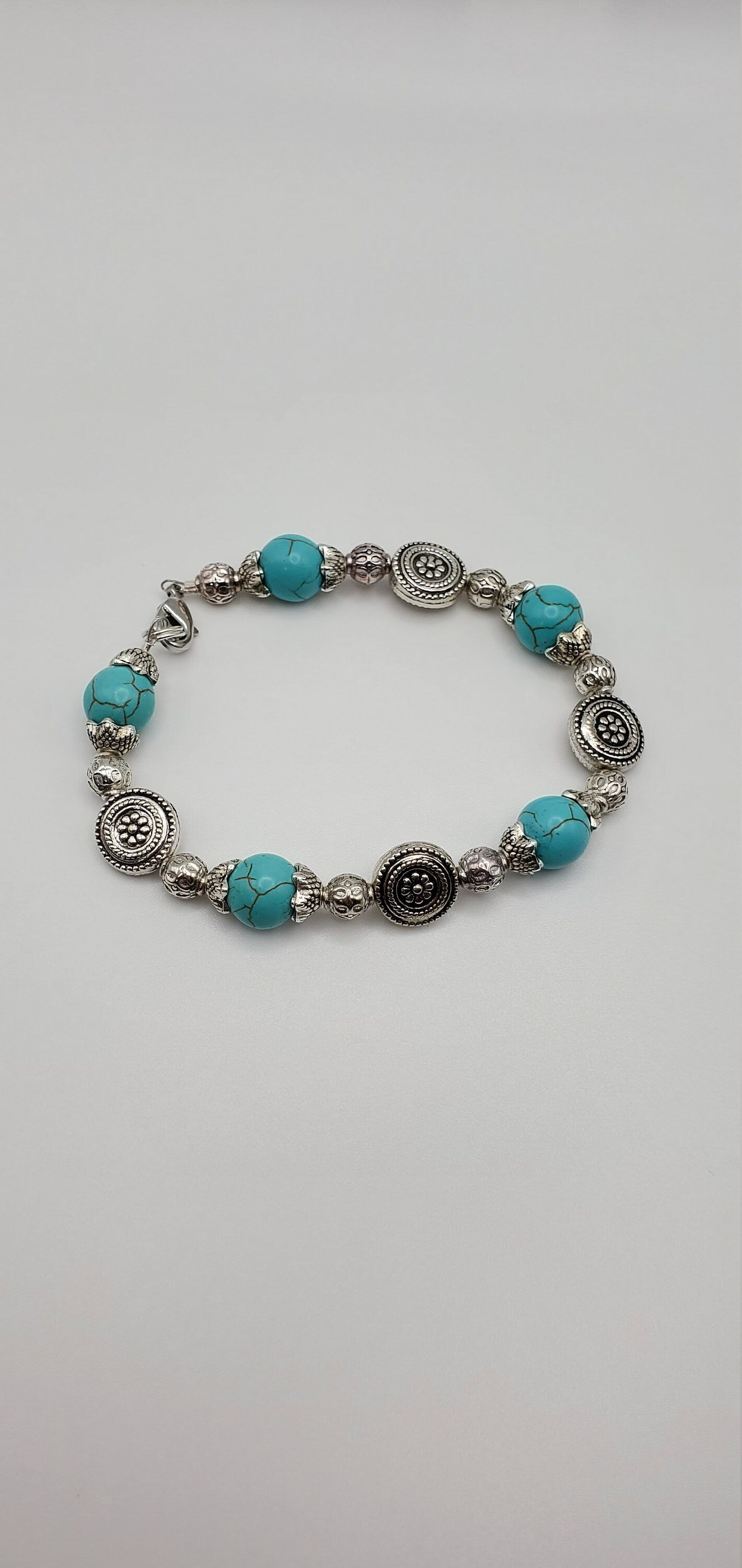 Silver and Turquoise Beaded Bracelet | Coin and Round Beads
