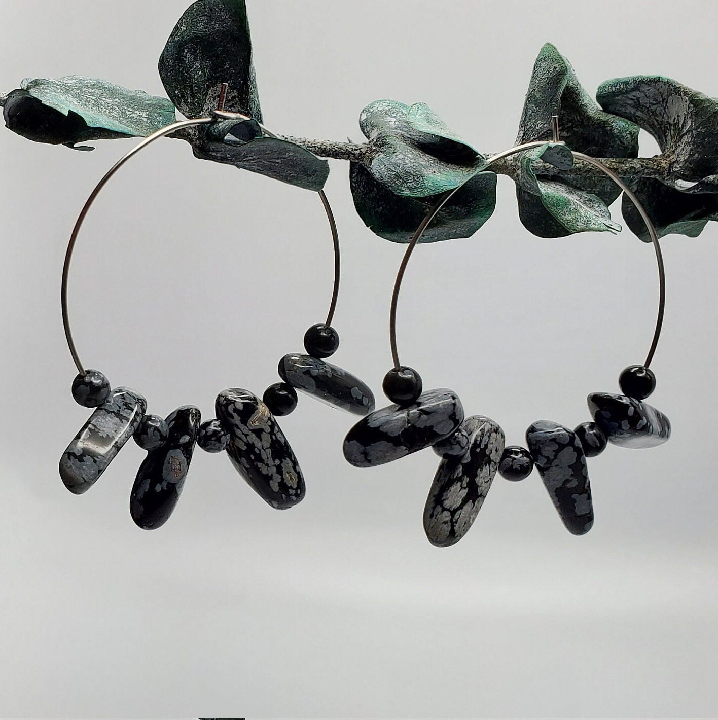Snowflake Obsidian Hoop Earrings | Stainless Steel