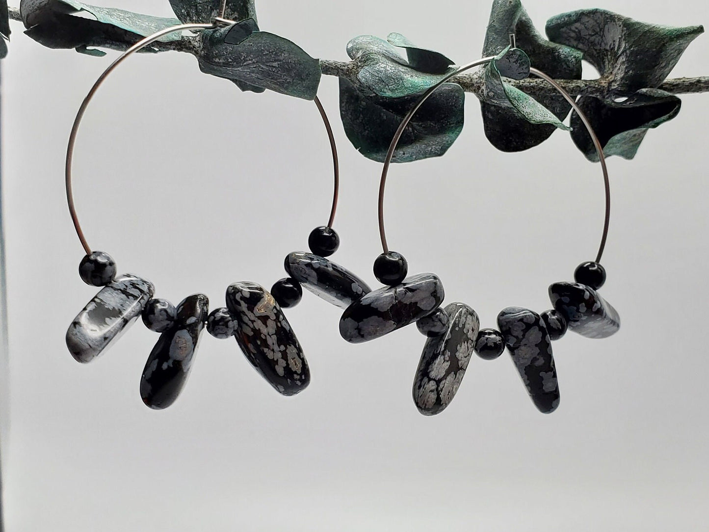 Snowflake Obsidian Hoop Earrings | Stainless Steel
