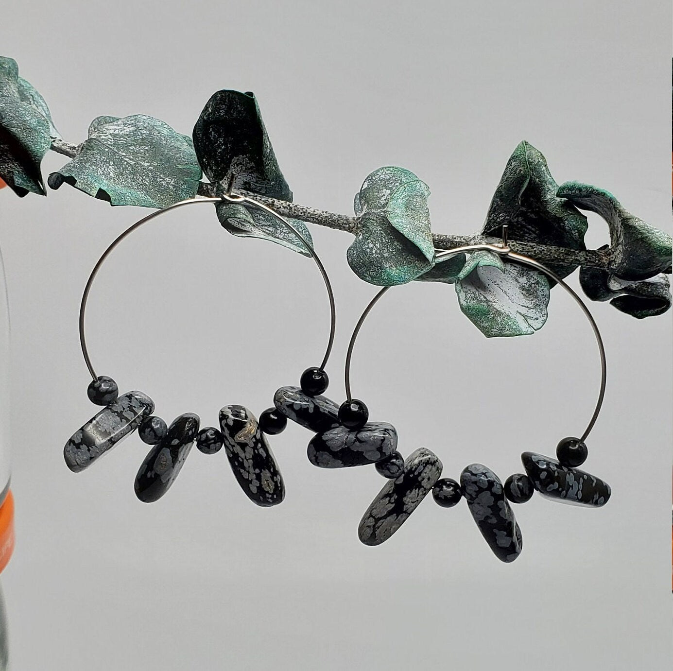 Snowflake Obsidian Hoop Earrings | Stainless Steel