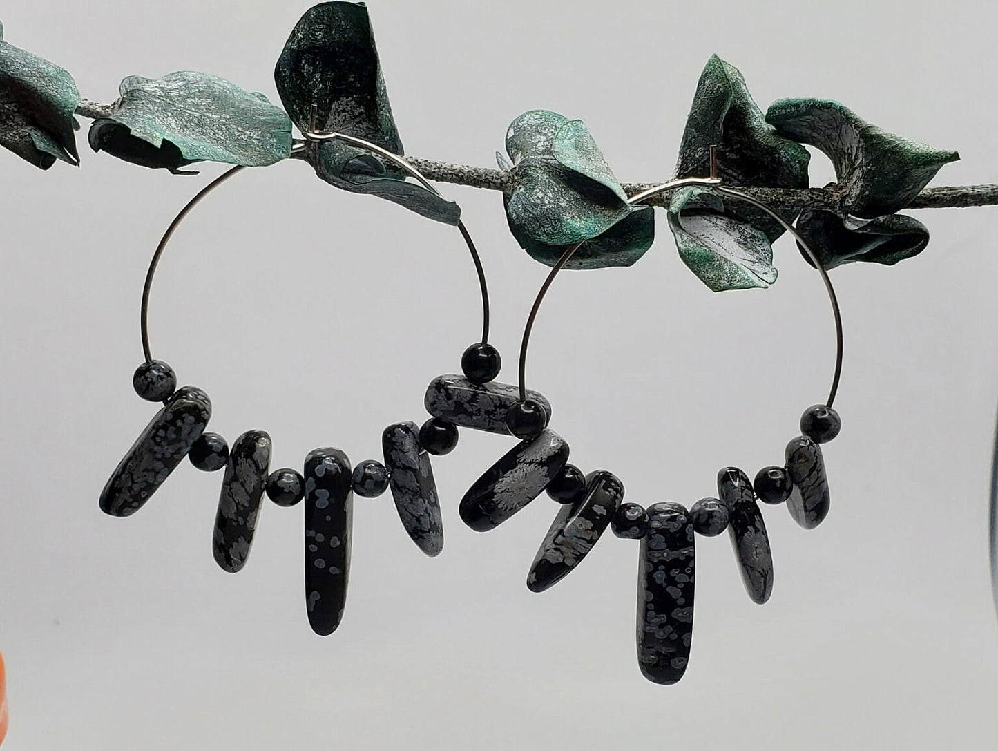 Snowflake Obsidian Hoop Earrings | Stainless Steel