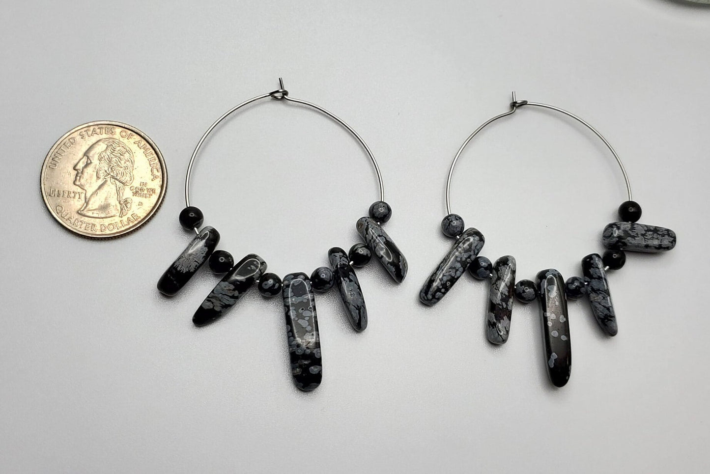 Snowflake Obsidian Hoop Earrings | Stainless Steel