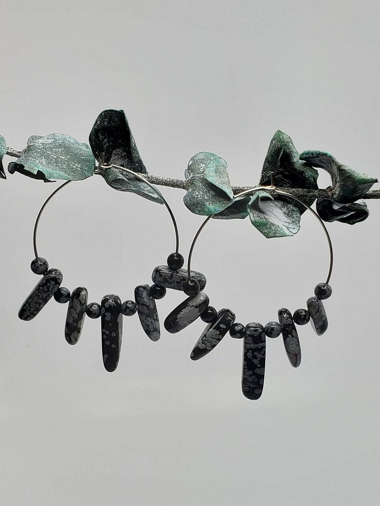 Snowflake Obsidian Hoop Earrings | Stainless Steel