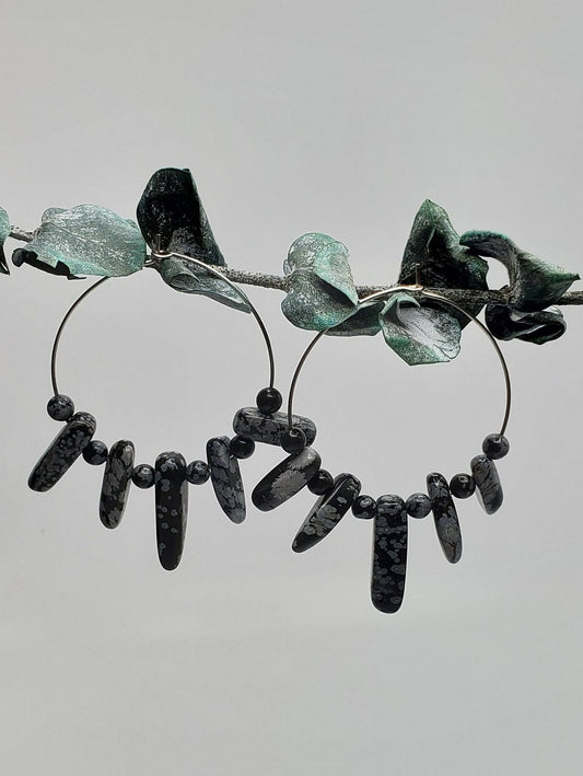Snowflake Obsidian Hoop Earrings | Stainless Steel