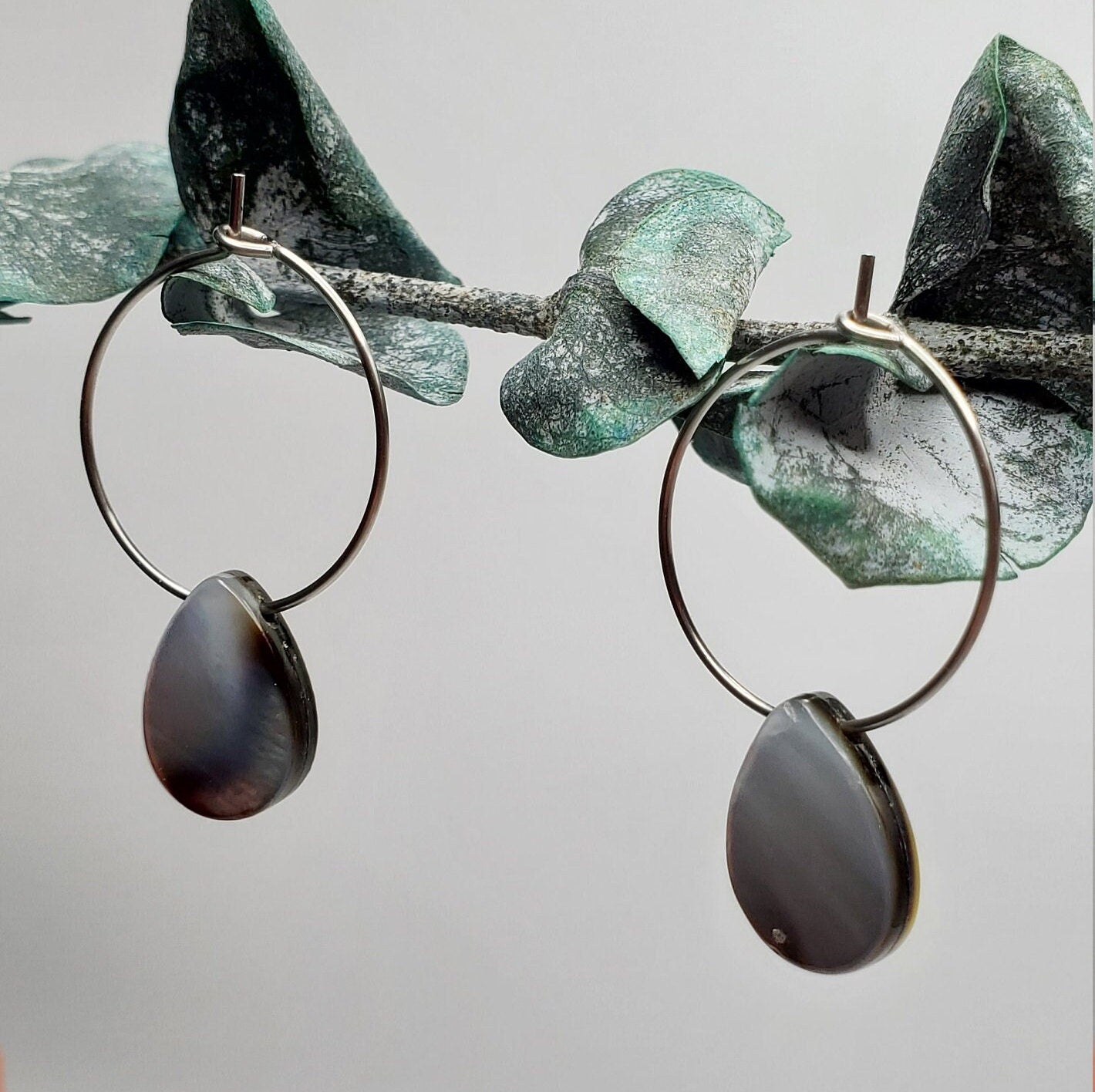 Black Mother of Pearl Shell | Natural | Teardrop | Hoop Earrings | Stainless Steel
