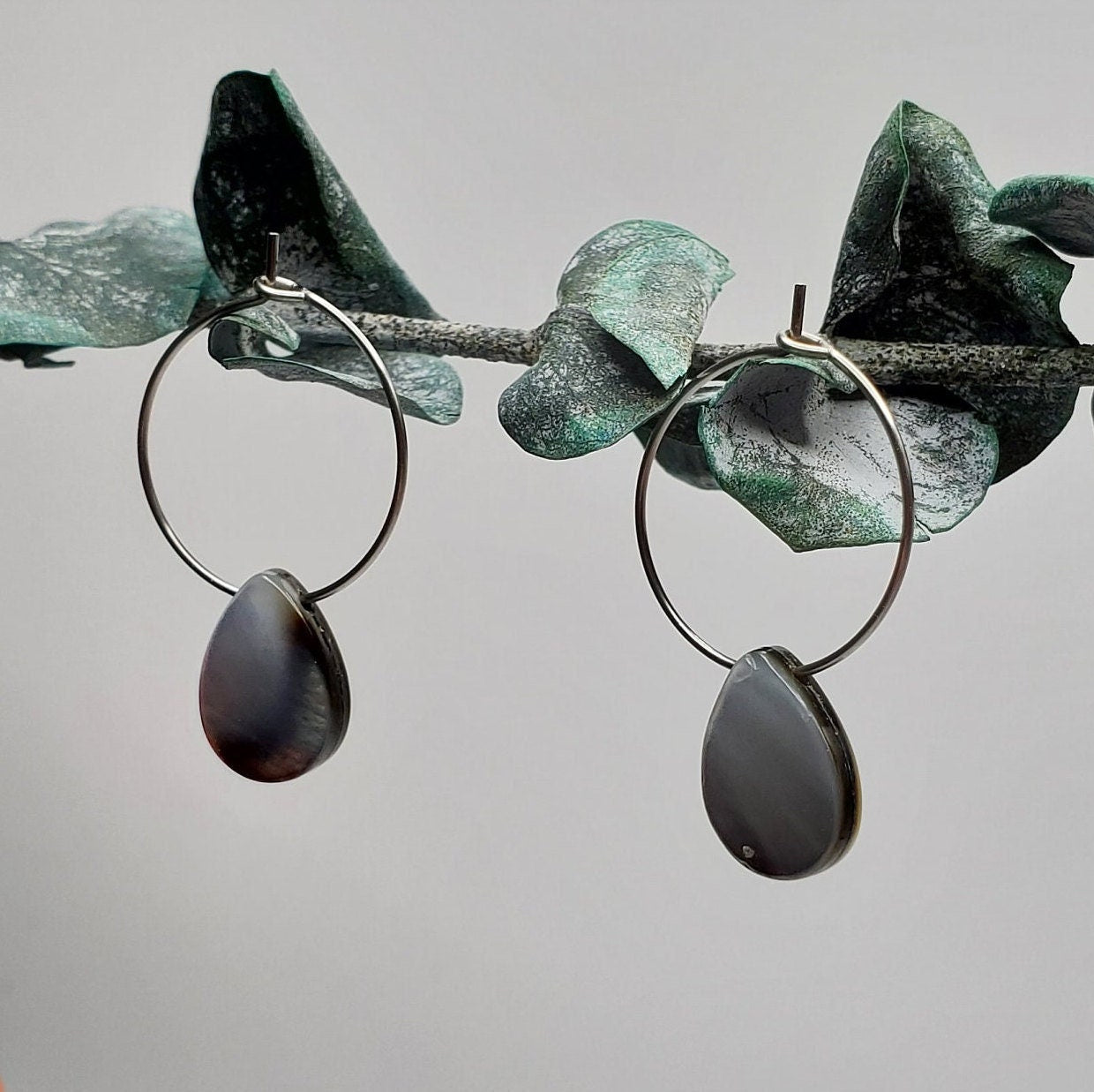 Black Mother of Pearl Shell | Natural | Teardrop | Hoop Earrings | Stainless Steel