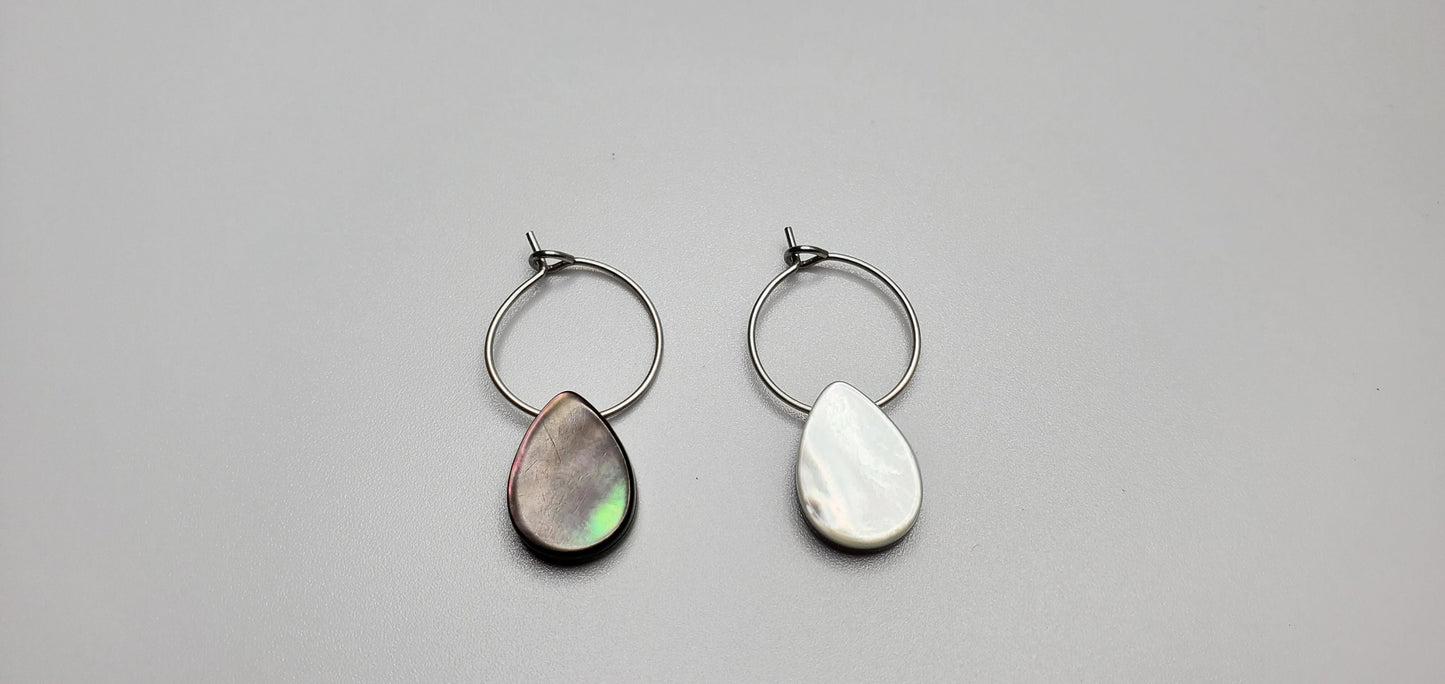 Small | Black Mother of Pearl Shell | Natural | Teardrop | Hoop Earrings | Stainless Steel