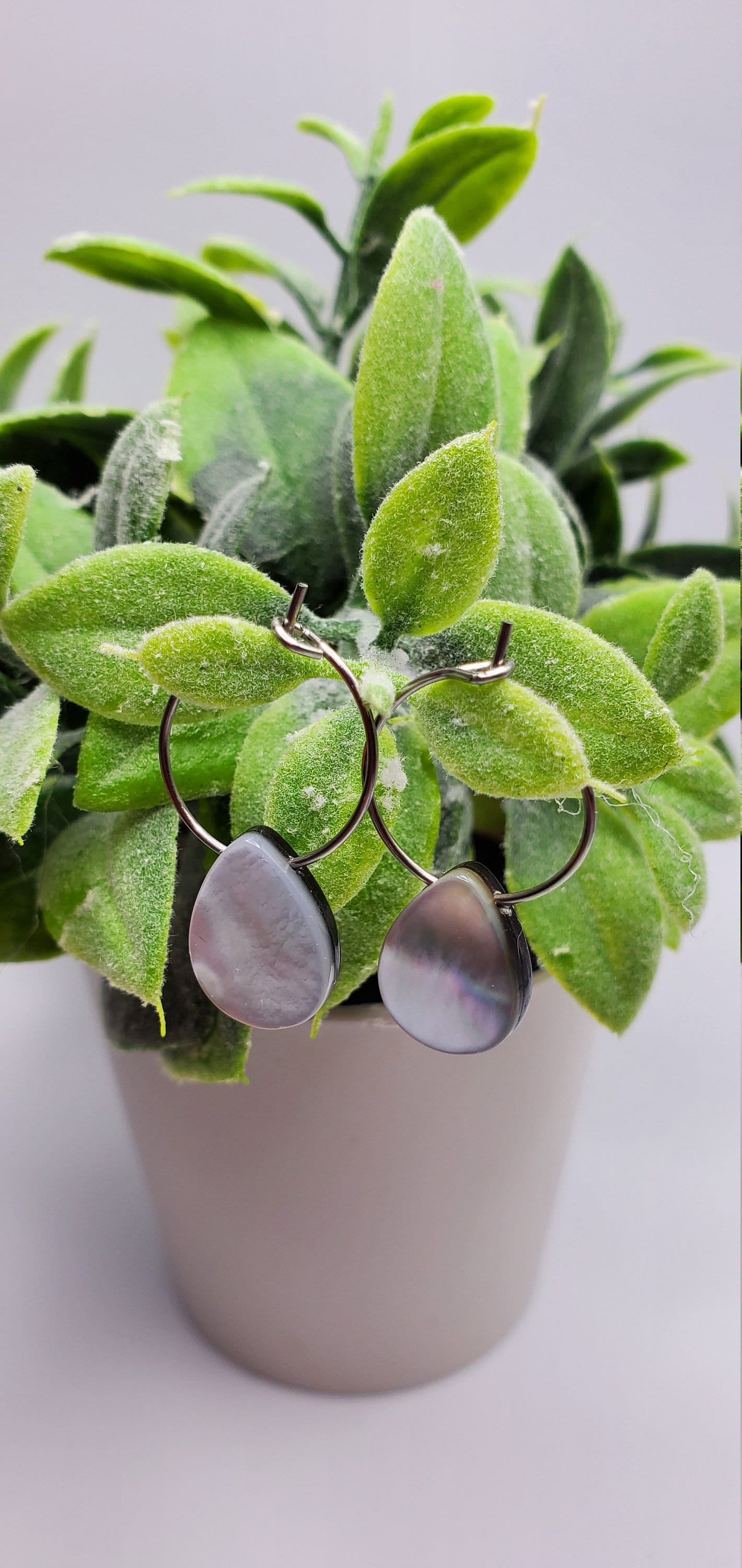 Small | Black Mother of Pearl Shell | Natural | Teardrop | Hoop Earrings | Stainless Steel