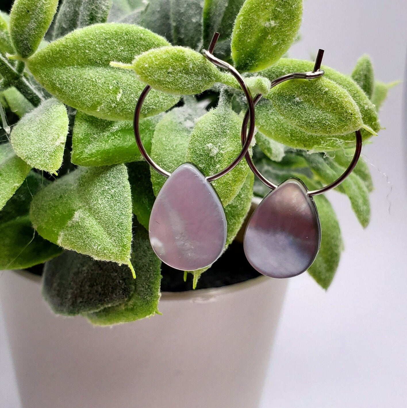 Small | Black Mother of Pearl Shell | Natural | Teardrop | Hoop Earrings | Stainless Steel