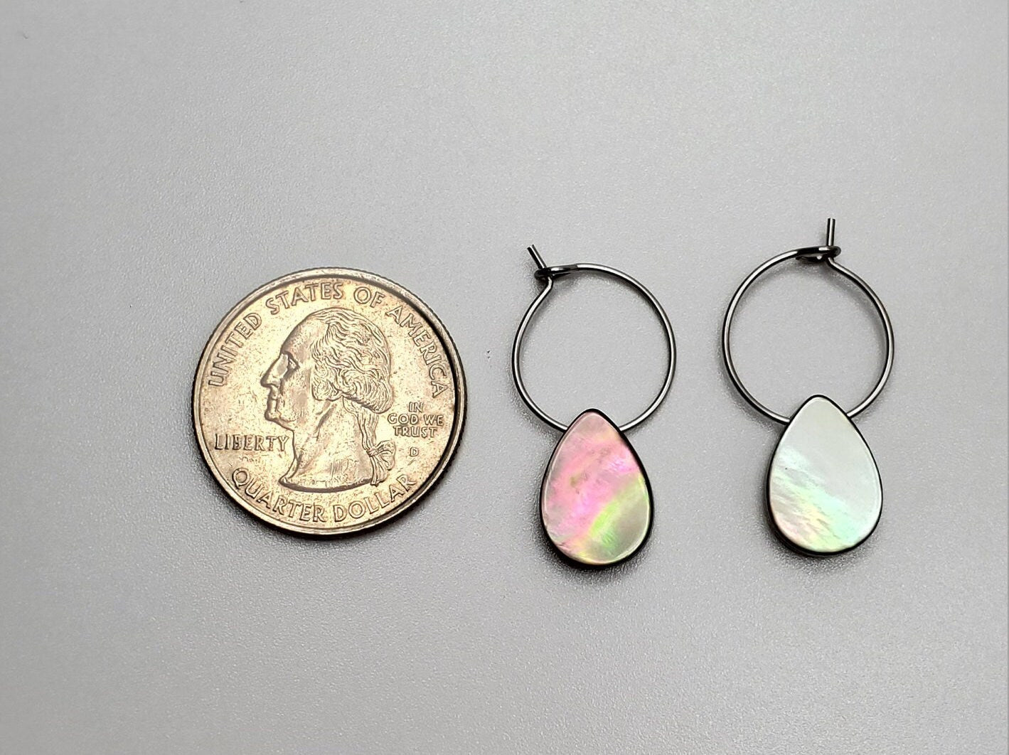 Small | Black Mother of Pearl Shell | Natural | Teardrop | Hoop Earrings | Stainless Steel