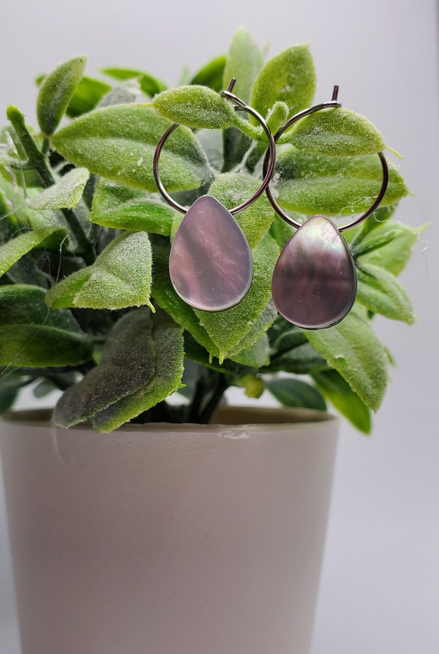 Small | Black Mother of Pearl Shell | Natural | Teardrop | Hoop Earrings | Stainless Steel