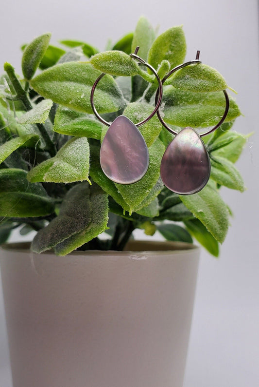 Small | Black Mother of Pearl Shell | Natural | Teardrop | Hoop Earrings | Stainless Steel