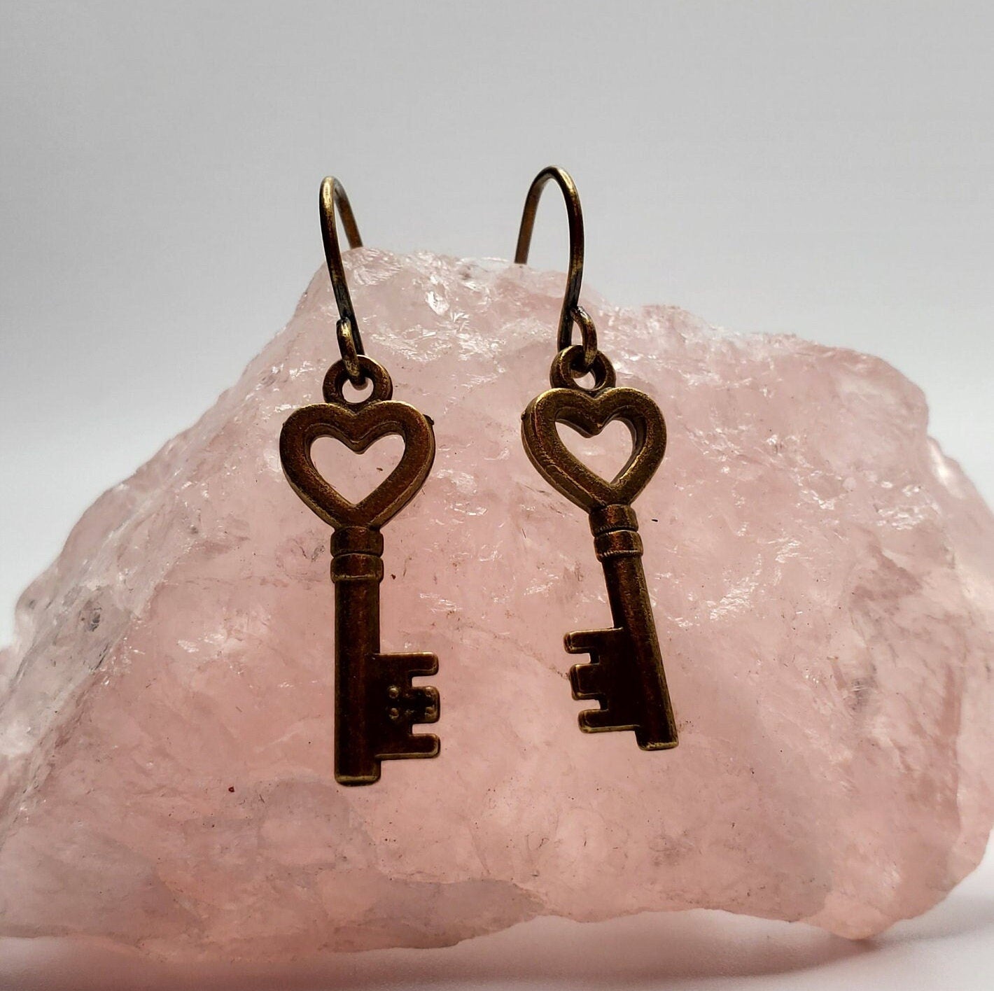 Heart Shaped Key Earrings | Small | Antiqued Bronze