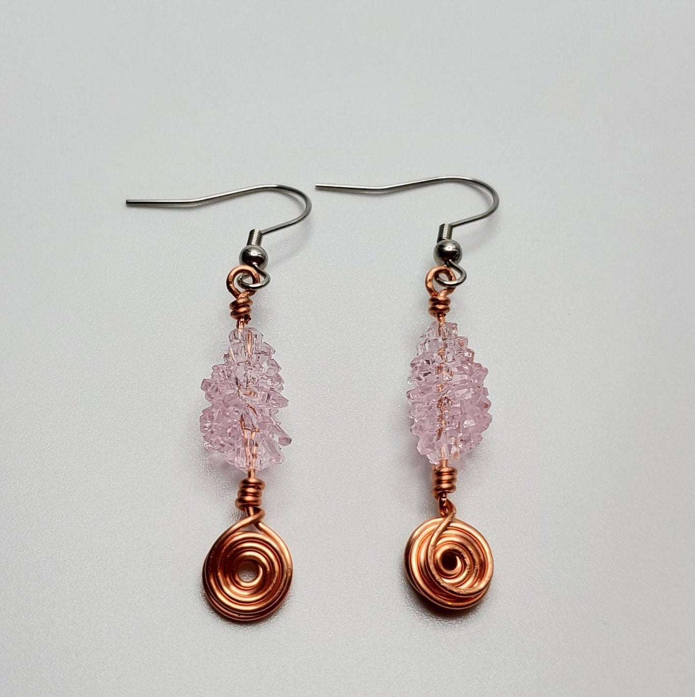 Vintage Pink Lucite | Copper Spiral | Earrings | Stainless Steel