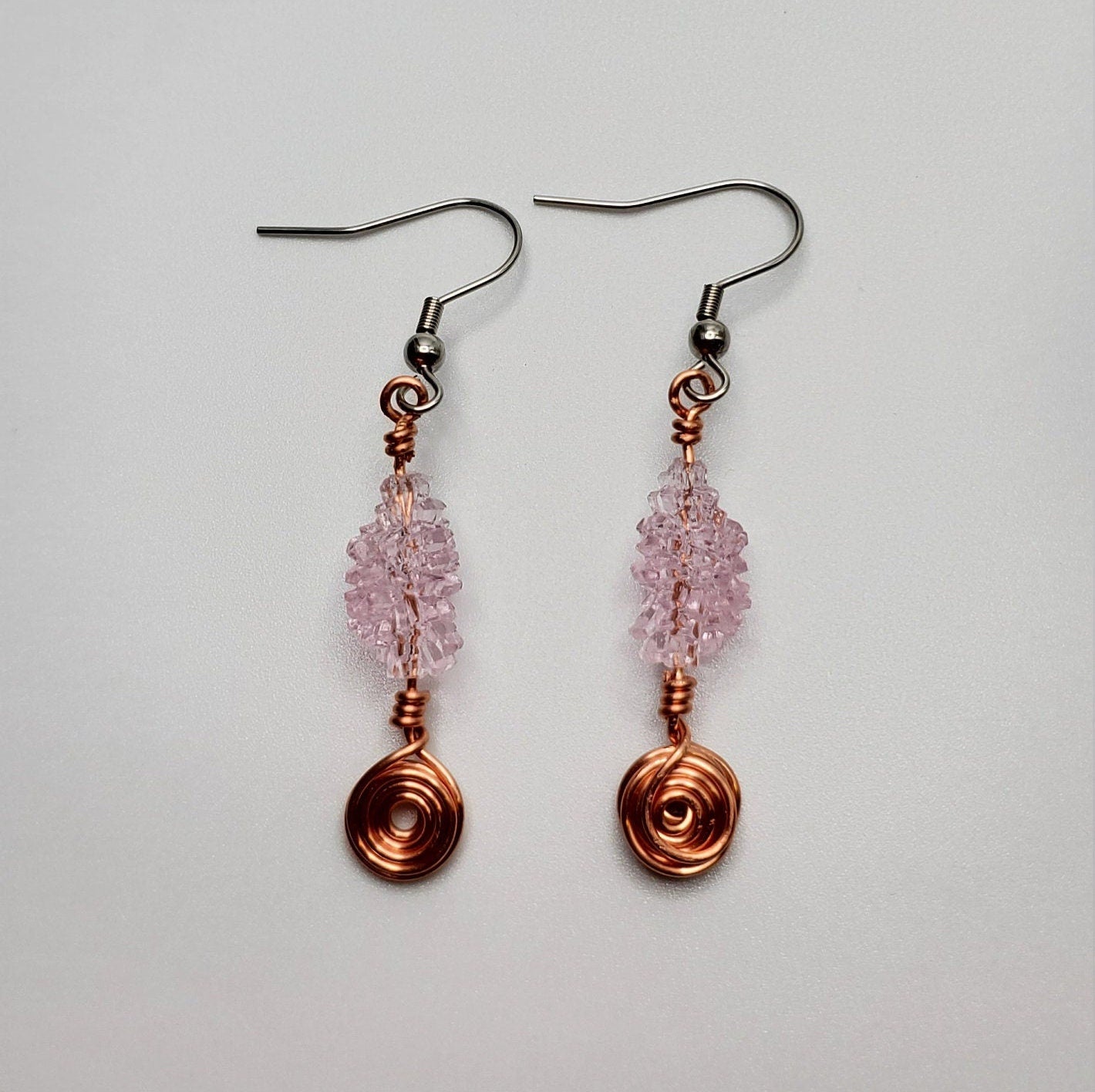 Vintage Pink Lucite | Copper Spiral | Earrings | Stainless Steel