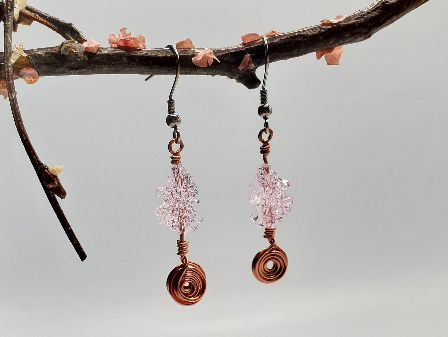 Vintage Pink Lucite | Copper Spiral | Earrings | Stainless Steel