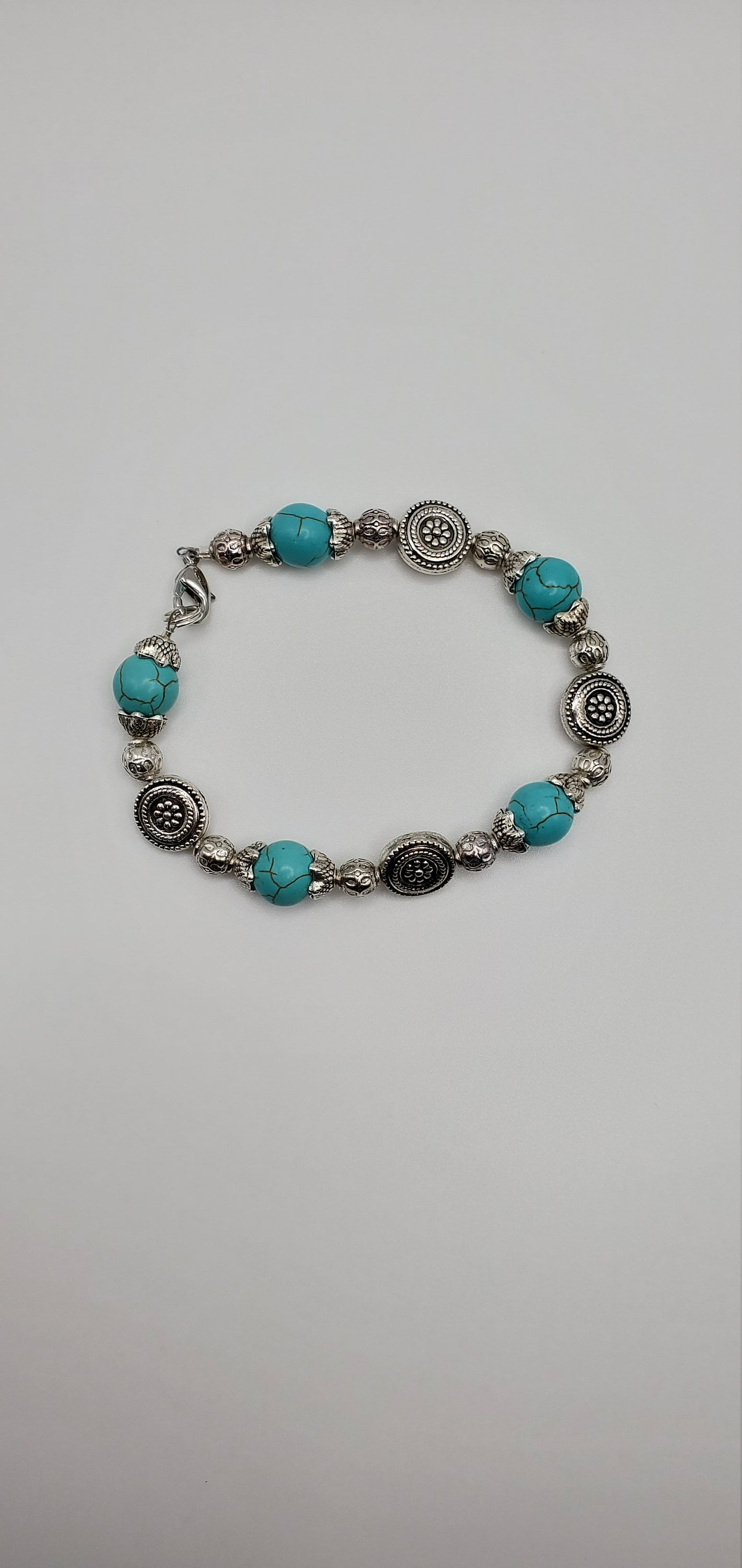 Silver and Turquoise Beaded Bracelet | Coin and Round Beads