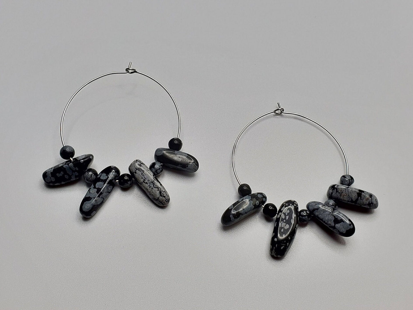 Snowflake Obsidian Hoop Earrings | Stainless Steel