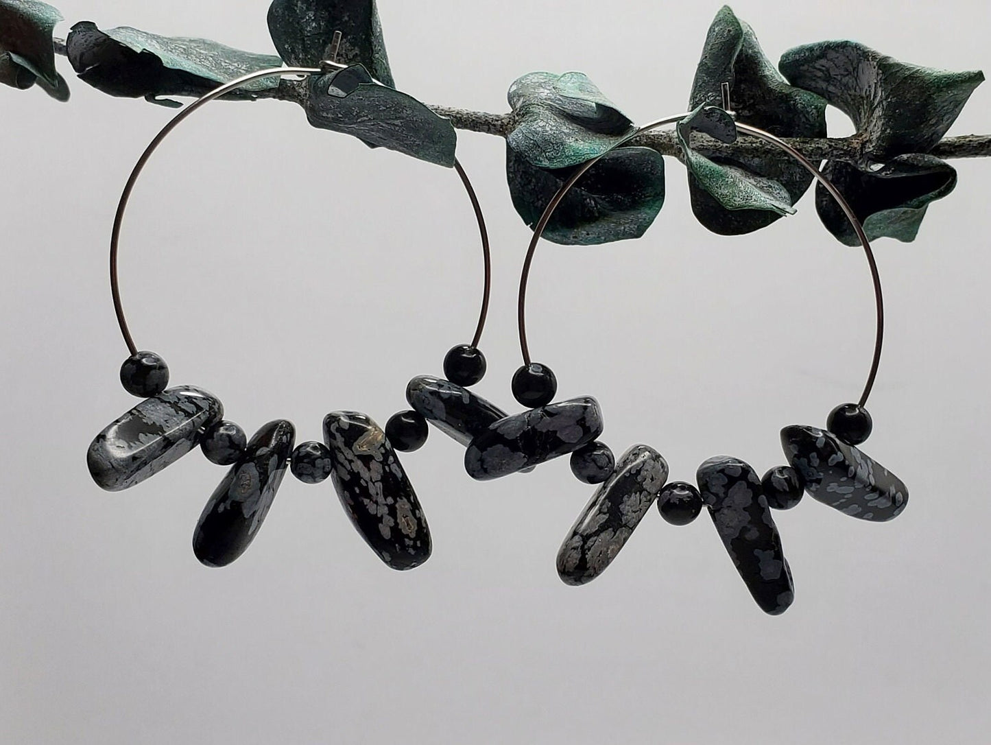 Snowflake Obsidian Hoop Earrings | Stainless Steel