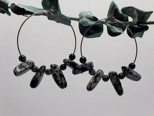 Snowflake Obsidian Hoop Earrings | Stainless Steel