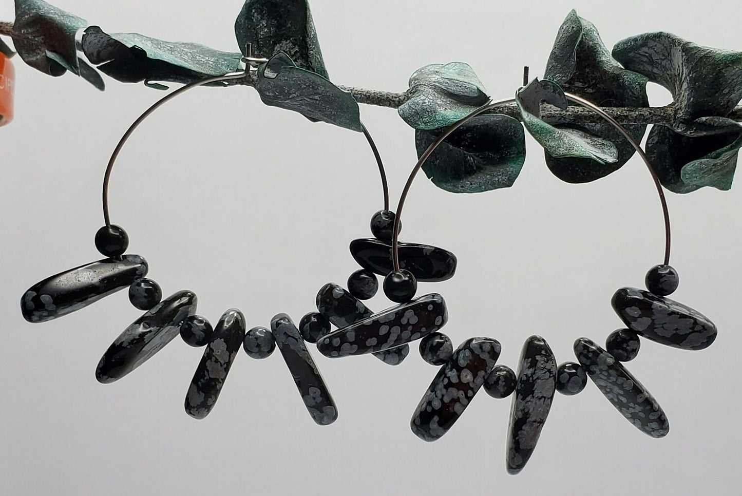 Snowflake Obsidian Hoop Earrings | Stainless Steel
