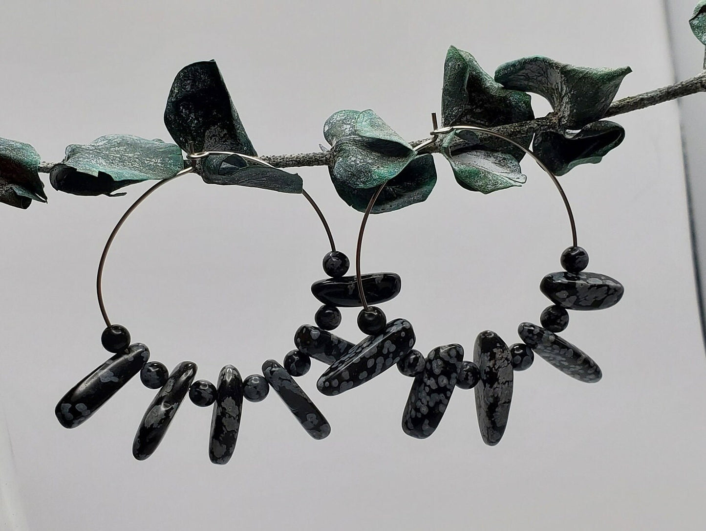 Snowflake Obsidian Hoop Earrings | Stainless Steel