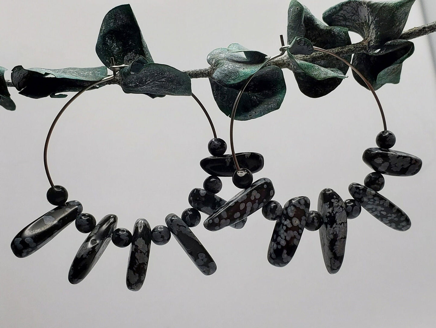 Snowflake Obsidian Hoop Earrings | Stainless Steel