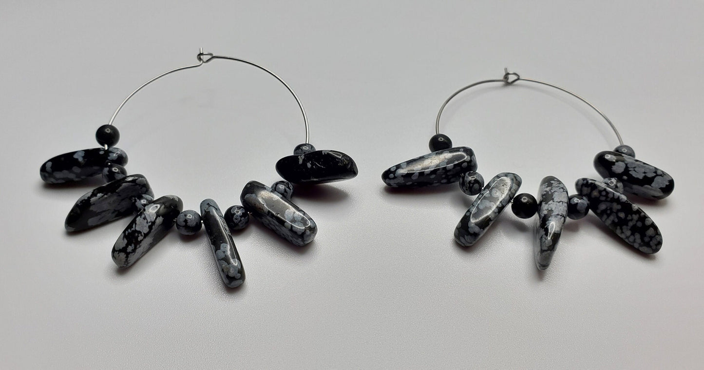 Snowflake Obsidian Hoop Earrings | Stainless Steel