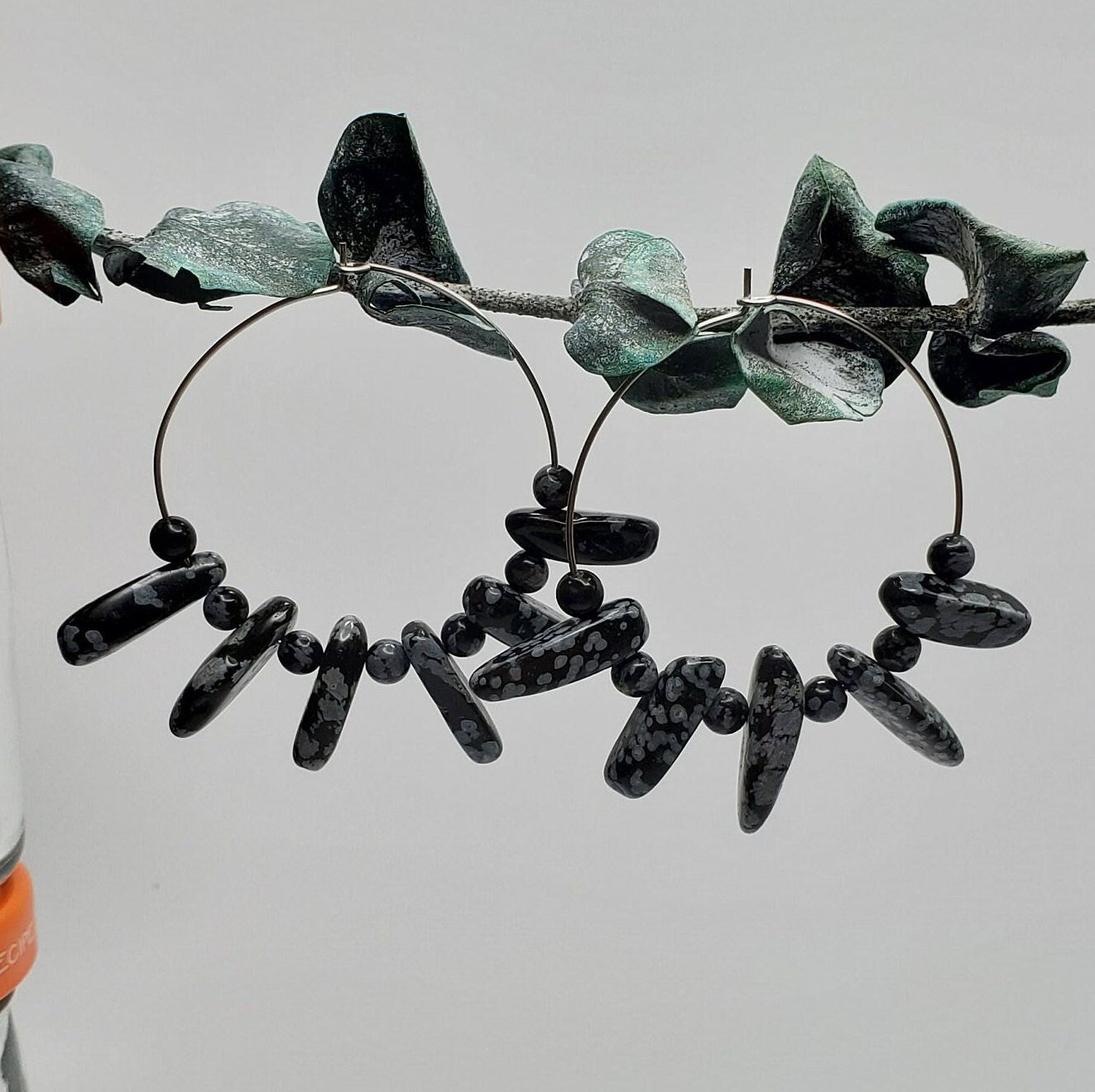 Snowflake Obsidian Hoop Earrings | Stainless Steel