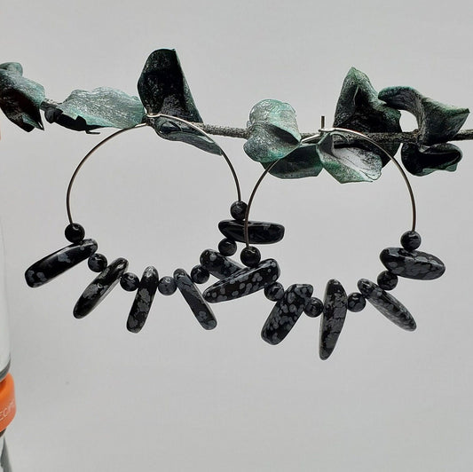 Snowflake Obsidian Hoop Earrings | Stainless Steel