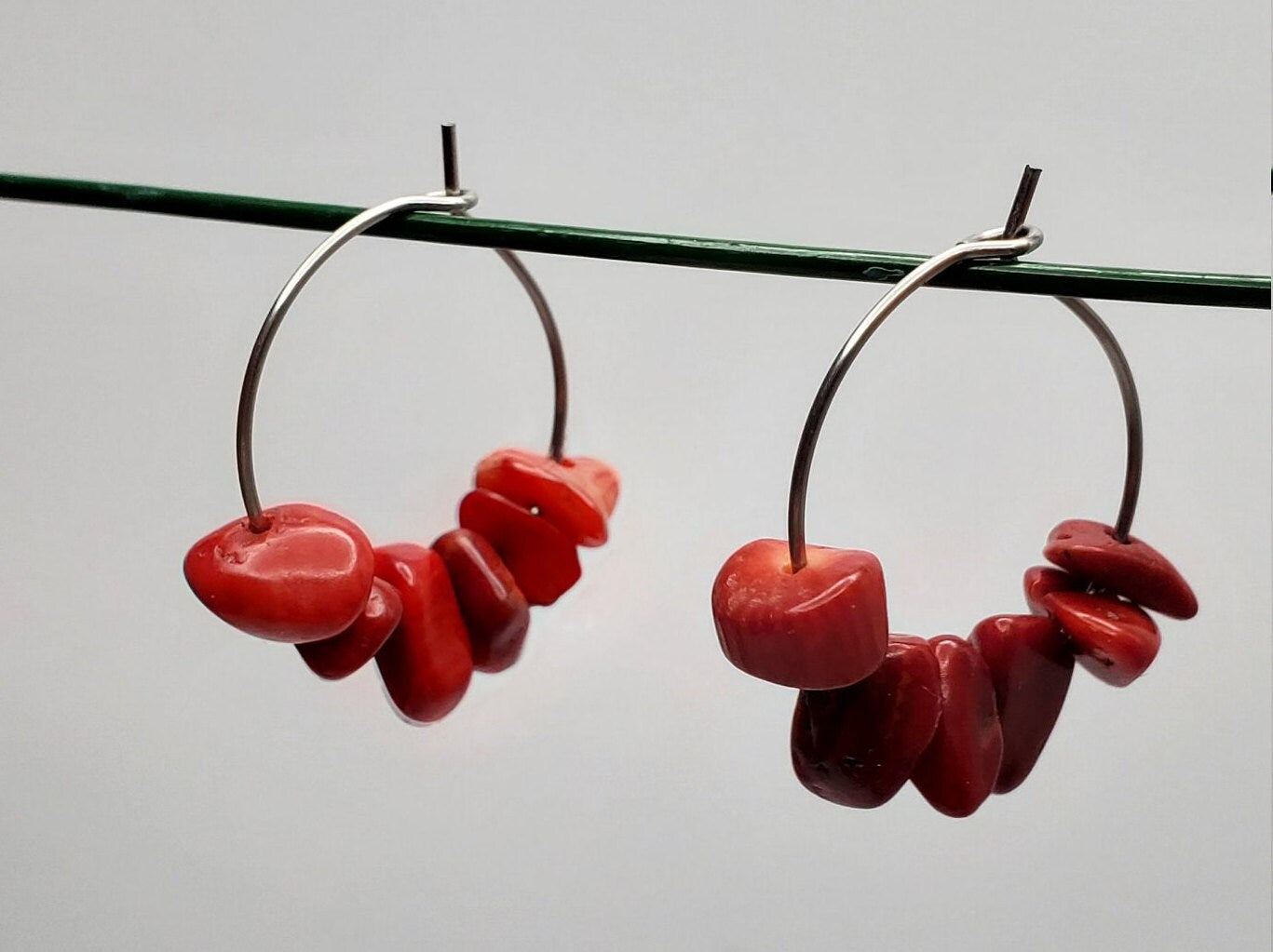 Small | Red Coral Hoop Earrings | Stainless Steel