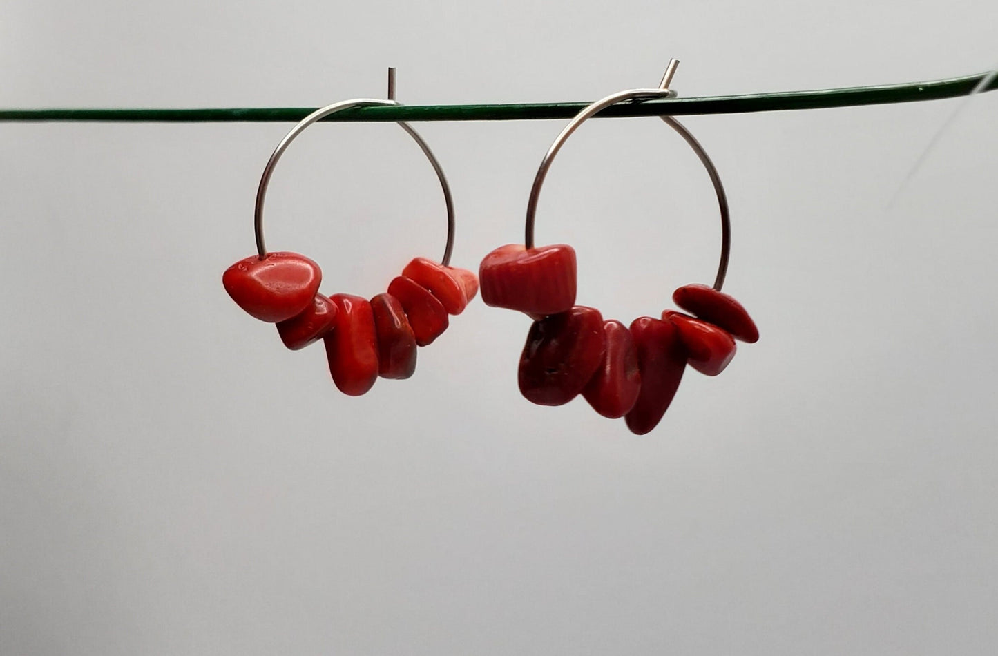 Small | Red Coral Hoop Earrings | Stainless Steel