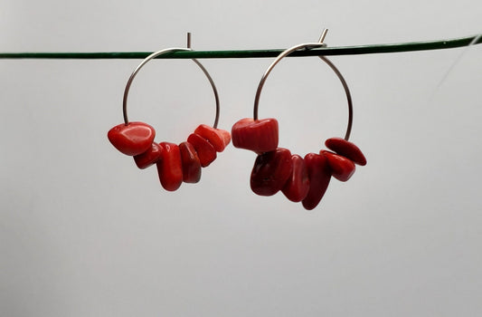 Small | Red Coral Hoop Earrings | Stainless Steel