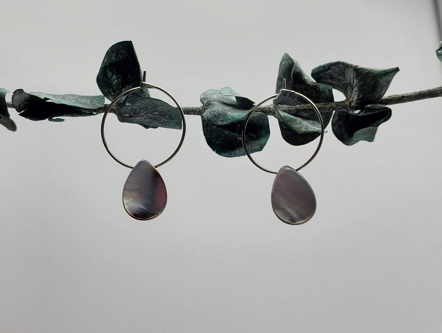 Black Mother of Pearl Shell | Natural | Teardrop | Hoop Earrings | Stainless Steel