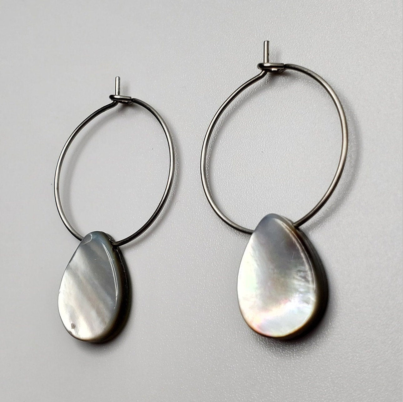 Black Mother of Pearl Shell | Natural | Teardrop | Hoop Earrings | Stainless Steel