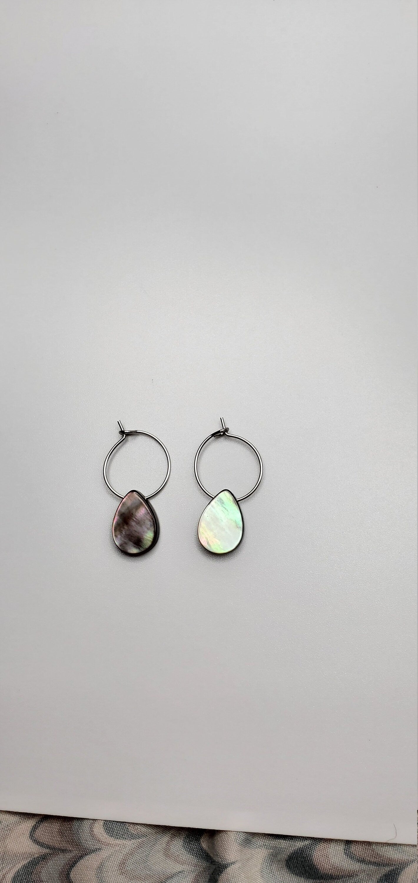 Small | Black Mother of Pearl Shell | Natural | Teardrop | Hoop Earrings | Stainless Steel