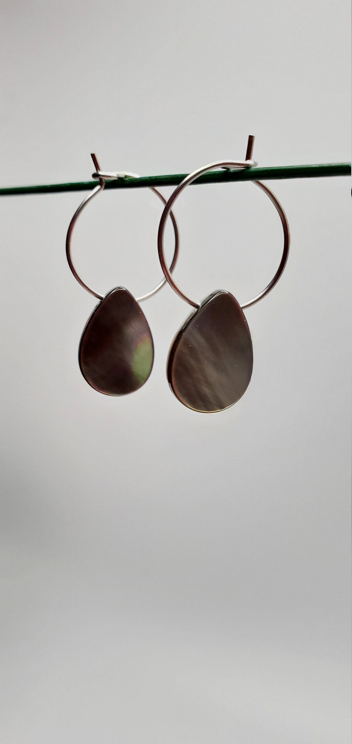 Small | Black Mother of Pearl Shell | Natural | Teardrop | Hoop Earrings | Stainless Steel