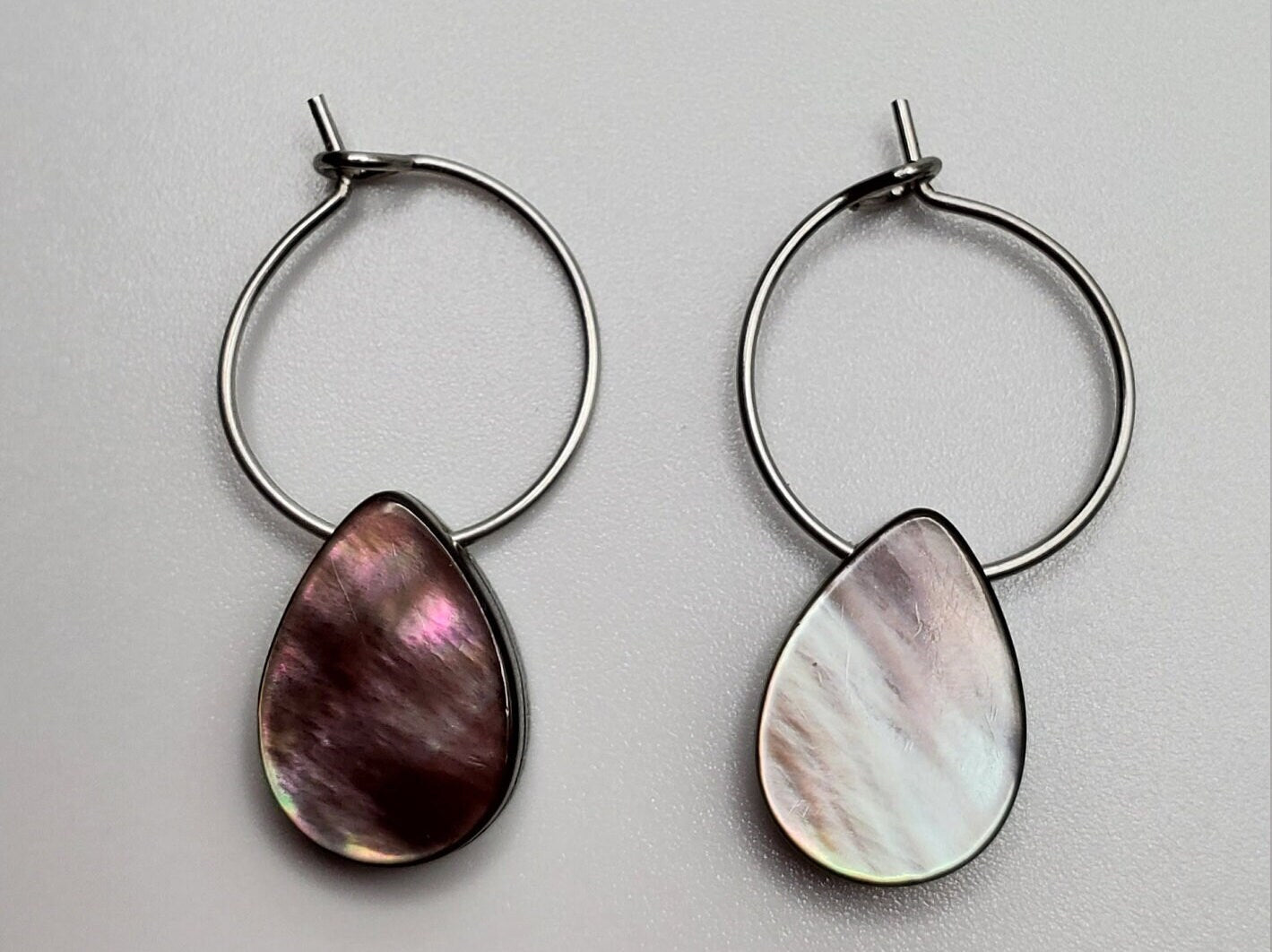 Small | Black Mother of Pearl Shell | Natural | Teardrop | Hoop Earrings | Stainless Steel